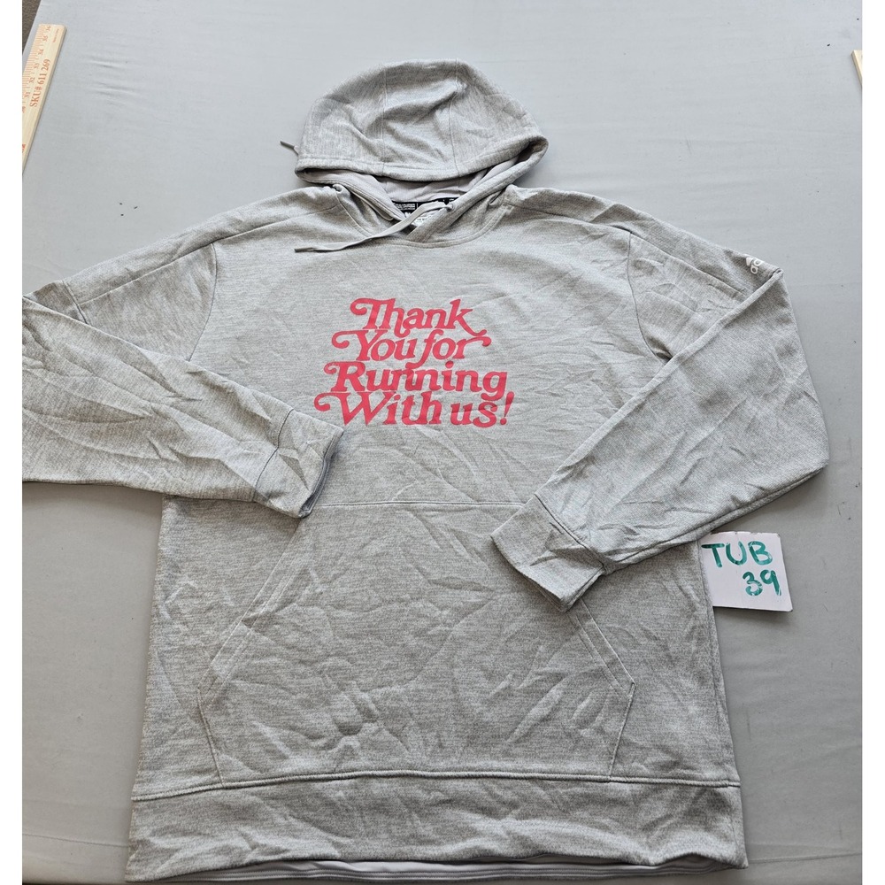 Adidas Mens Large Gray Climalite Running Graphic Hoodie Sweatshirt Pink Text
